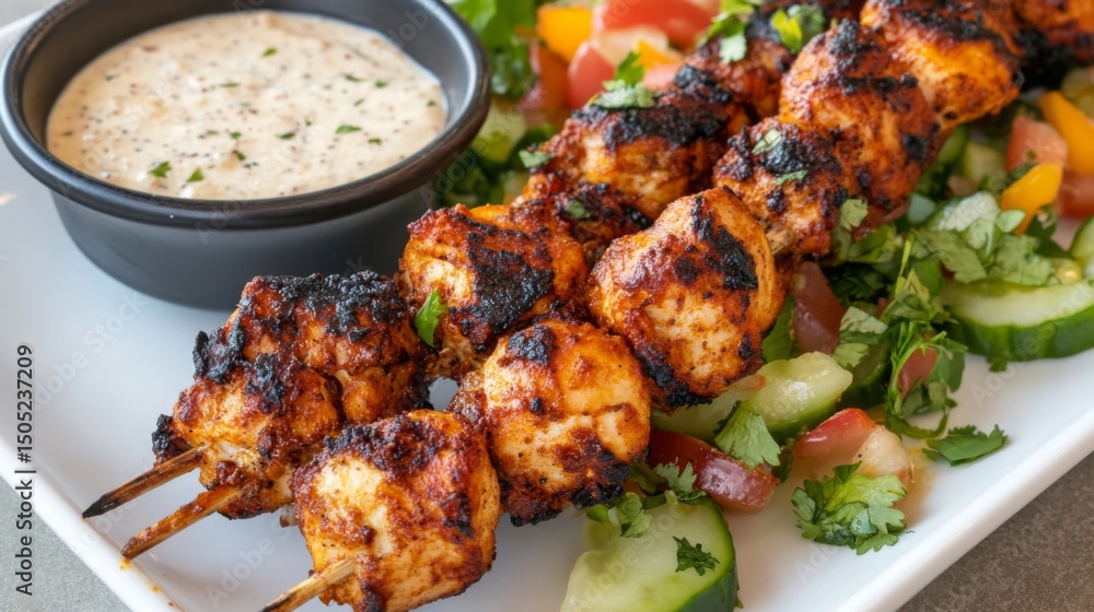 Poster a close-up view of a yakitori skewer with perfectly charred chicken, served with a small bowl of dip