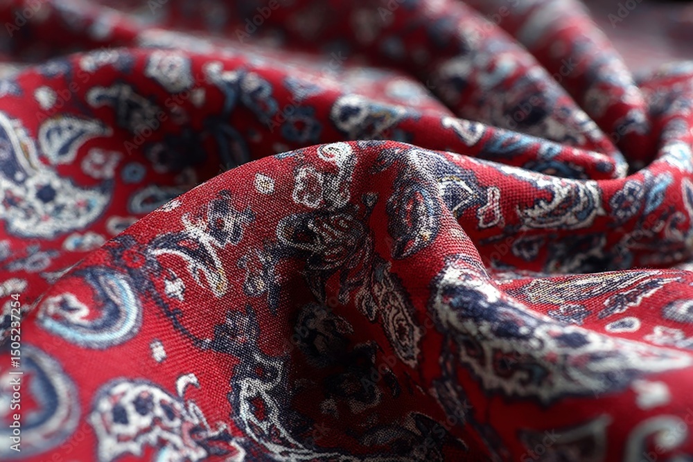 Poster Elegant red paisley fabric displaying intricate patterns in a soft fold during afternoon light