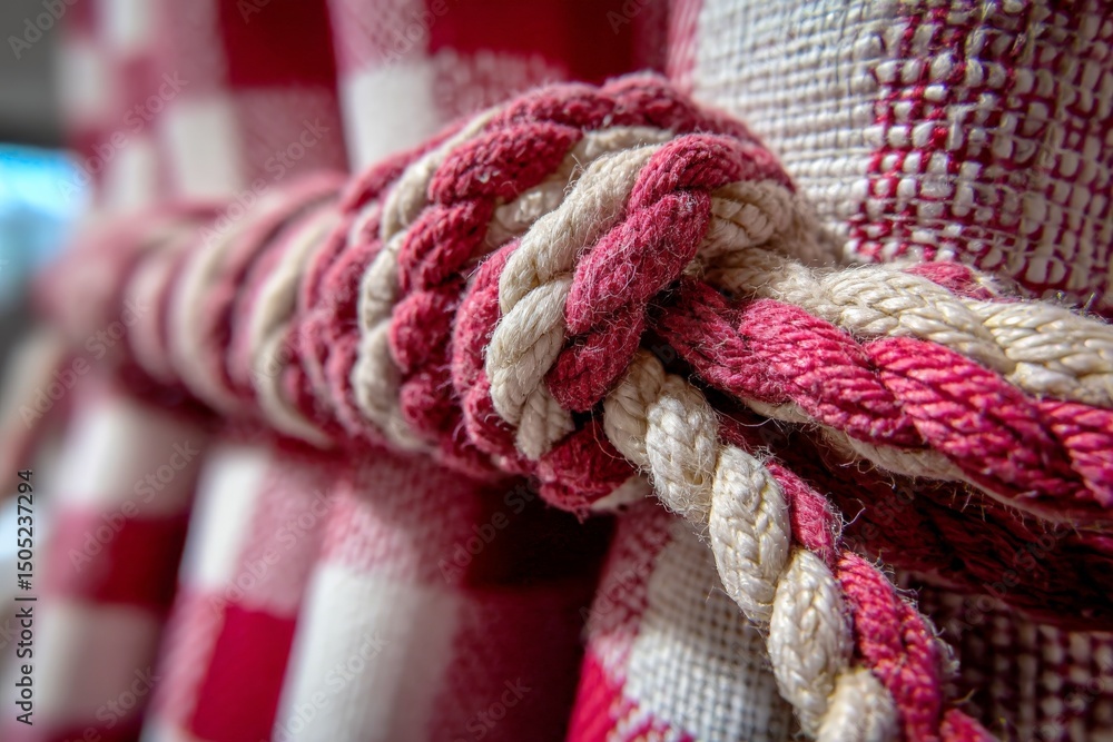 Poster close-up view of rustic ropes and fabric in a cozy setting enhancing the charm of a countryside home