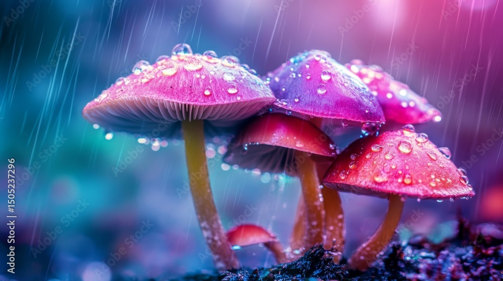 Poster a cluster of wild mushrooms with raindrops sliding off their caps, creating a mystical atmosphere