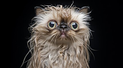 A close-up of a wet Persian cat with flattened fur, looking both surprised and annoyed