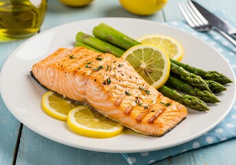 Healthy Mediterranean Salmon Plate with Lemon and Asparagus &ndash; Gourmet Organic Lunch Idea