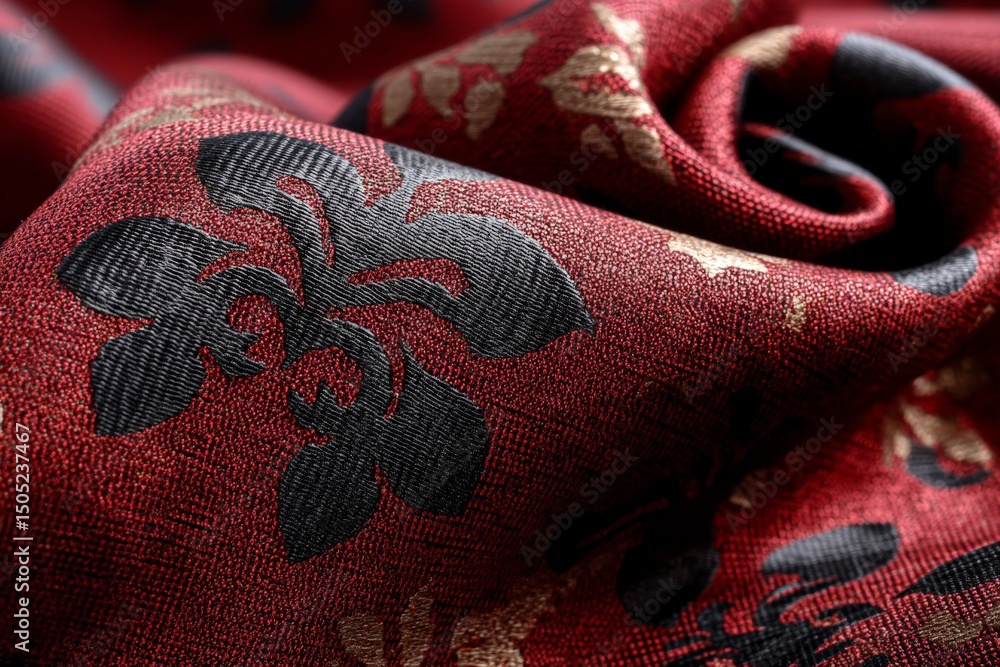 Poster Close-up view of luxurious red fabric with intricate floral patterns in a soft texture, showcasing textile craftsmanship and design
