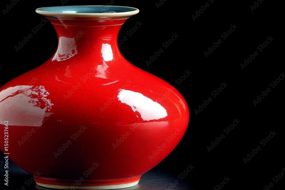 Poster Bright red ceramic vase with a glossy finish on a dark background showcasing artistic craftsmanship in a minimalistic display