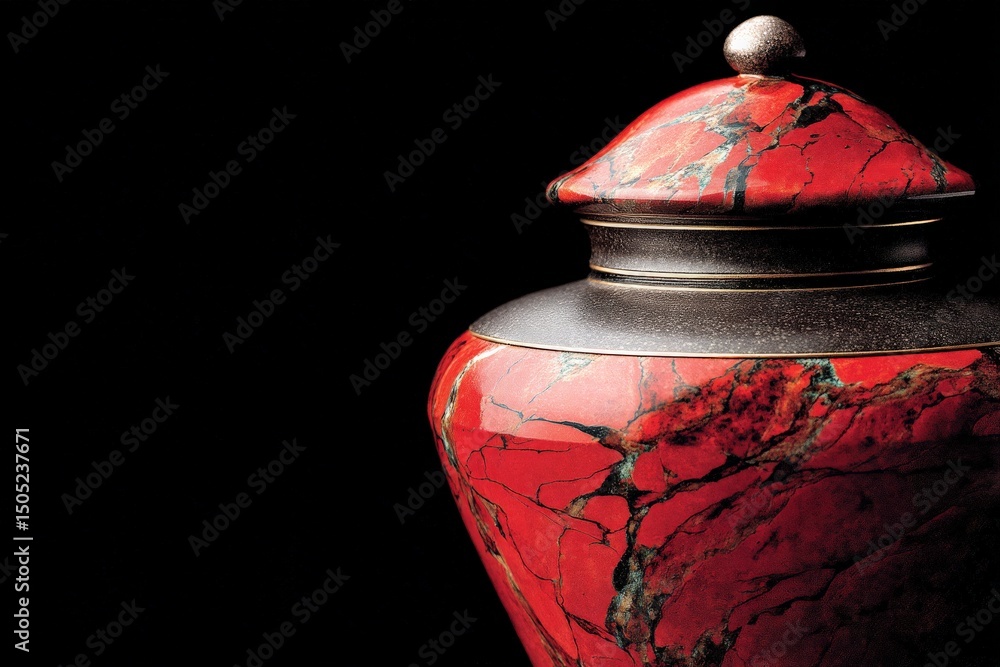 Aufkleber Elegant red and black urn with intricate patterns highlighted against a dark background