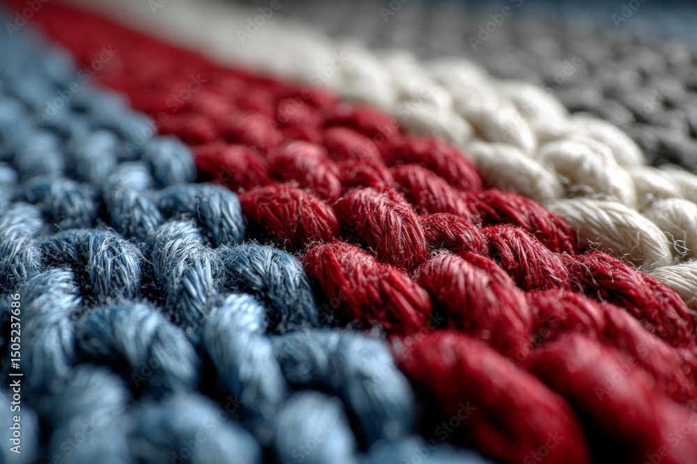 Poster textured close-up of woven fabric showcasing intricate patterns in blue, red, and white colors on a 