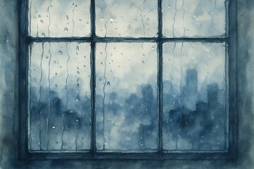 Rainy Window View of Cityscape, Watercolor Texture for Atmospheric Backgrounds