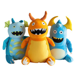 Three plush monster toys on black backdrop
