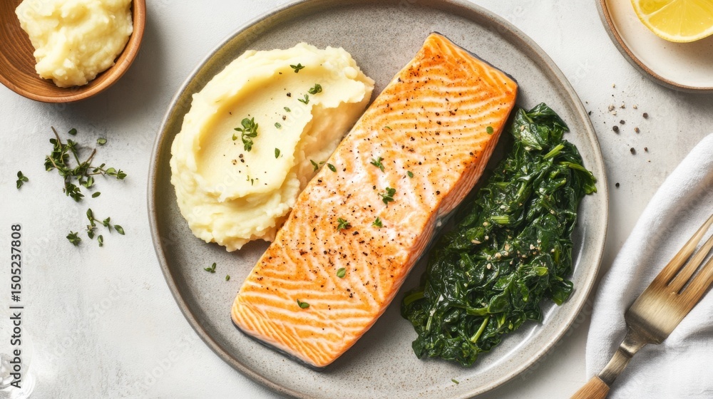 Poster a colorful display of grilled salmon served with a side of garlic mashed potatoes and sauted spinach