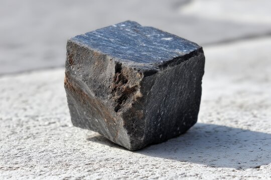 Unique geological rock specimen displayed on a textured surface reflecting natural lighting at midday