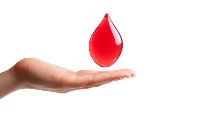 Red Blood Drop Held Gently in a Hand against on white and transparent Background