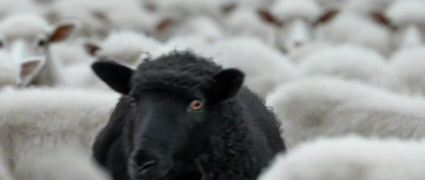 Among a flock of white sheep, a black sheep is conspicuous.