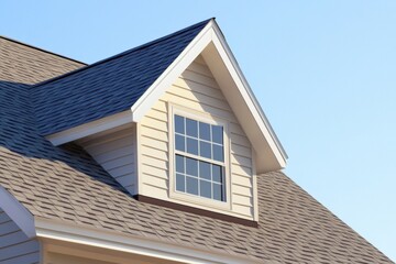 House Exterior. Roof Window. Second floor among blue sky. Mansard attic. Newly build houses. Gable roof with skylight, asphalt roofing, shingles. Residential Home. Vinyl Siding. Polymeric roof-tiles