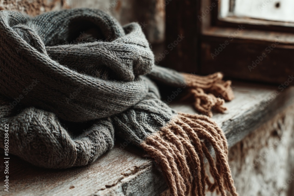 Aufkleber warm and cozy knitted scarf resting on a rustic wooden window sill in a charming indoor setting duri
