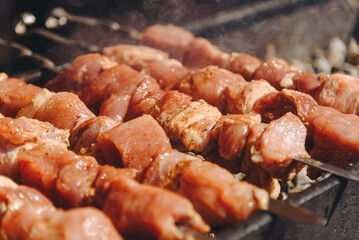 raw shish kebab on skewers on grill, roasting meat, preparing food, close-up view, fried meat, delicious food