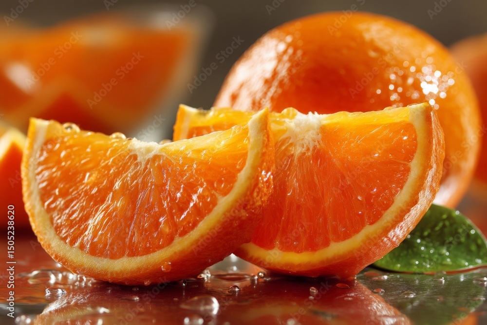 Poster freshly sliced orange segments glisten with juice on a reflective surface in a bright kitchen settin
