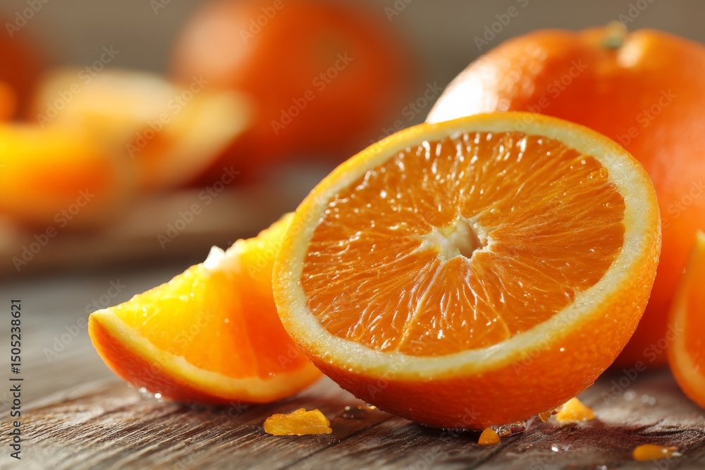 Poster Fresh oranges sliced and arranged on a wooden table with a rustic background