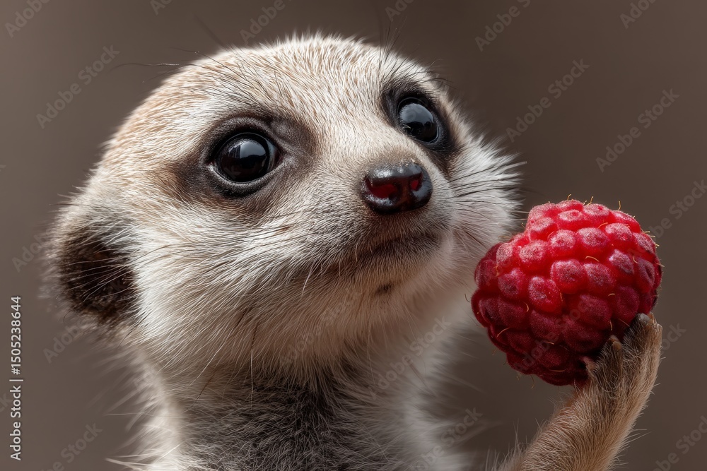 Aufkleber Cute meerkat curiously holding a red raspberry in its tiny paws in a close-up setting
