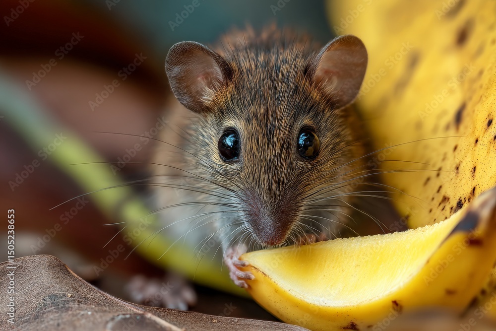 Poster small mouse foraging on a yellow leaf among autumn foliage in a forest setting during daylight hours