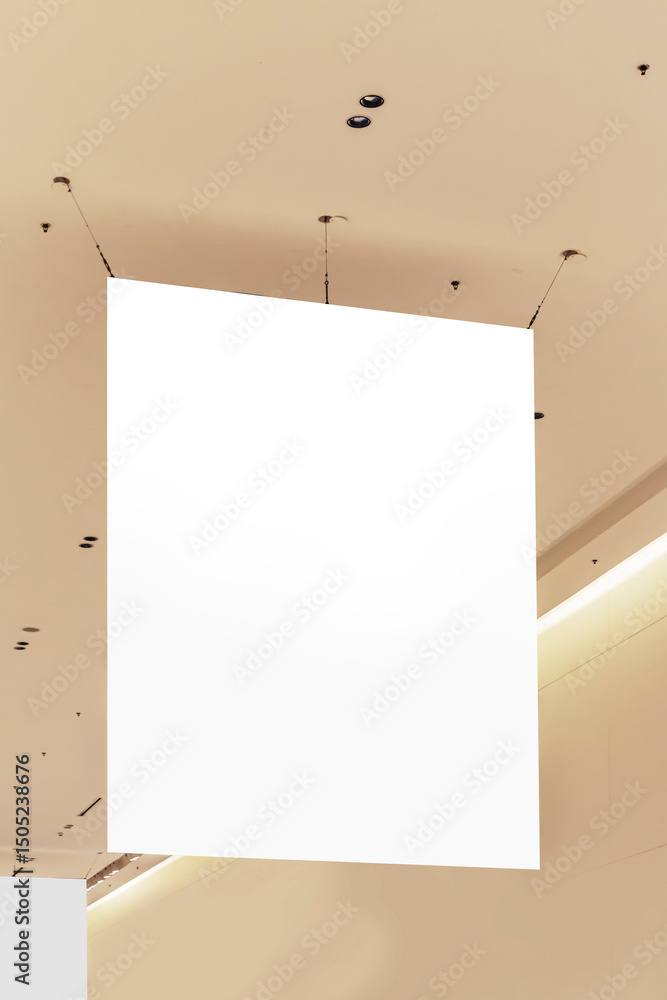 Poster large mockup of a sign hanging from the ceiling of the hall for displaying work, graphics and variou