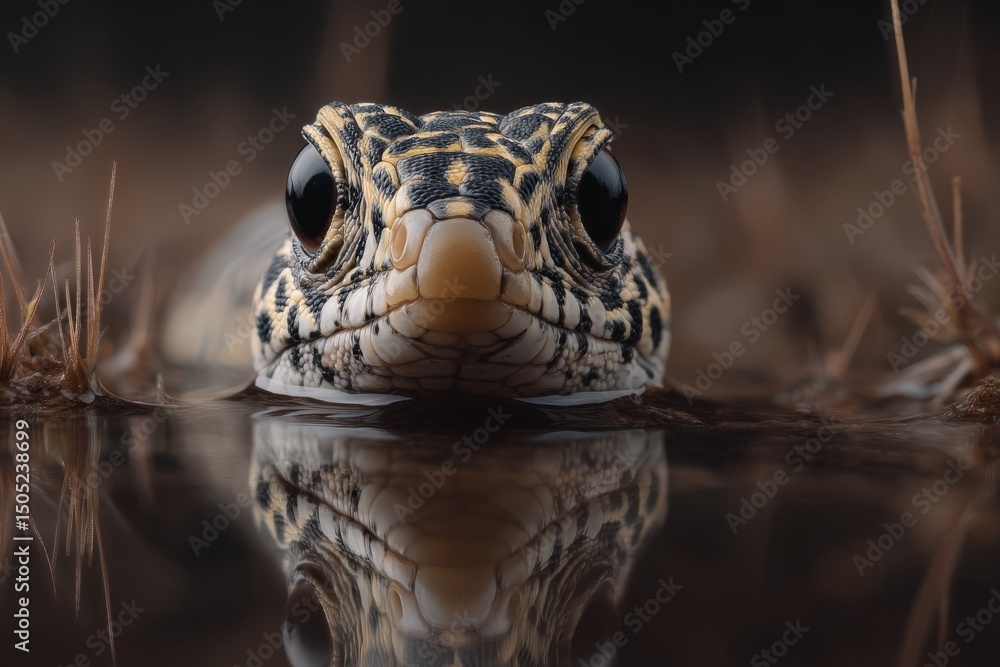 Poster Lizard resting near water in a damp environment showcasing intricate skin patterns and reflections at dusk
