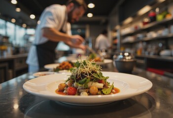 Modern open-plan restaurant kitchen with a beautifully plated dish