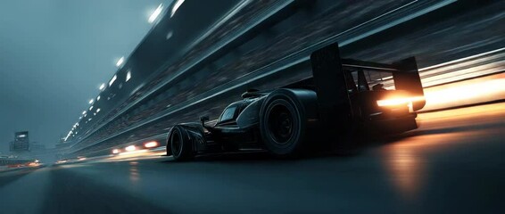 On a racetrack, a black race car is accelerating.