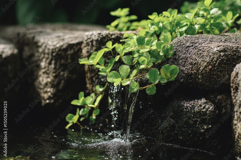 Aufkleber small waterfall flowing over stones with greenery around in a tranquil garden setting bathed in soft