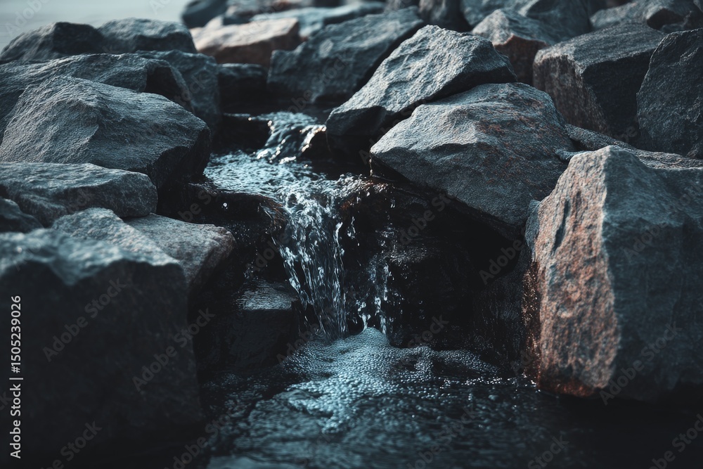 Poster small stream flowing over smooth stones in a quiet natural setting during the early morning hours