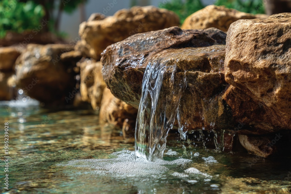 Aufkleber tranquil water flowing over rocks in a serene garden setting during midday