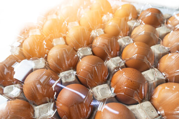 Chicken eggs in cardboard box with plastic cover for protection, egg business, diagonal view