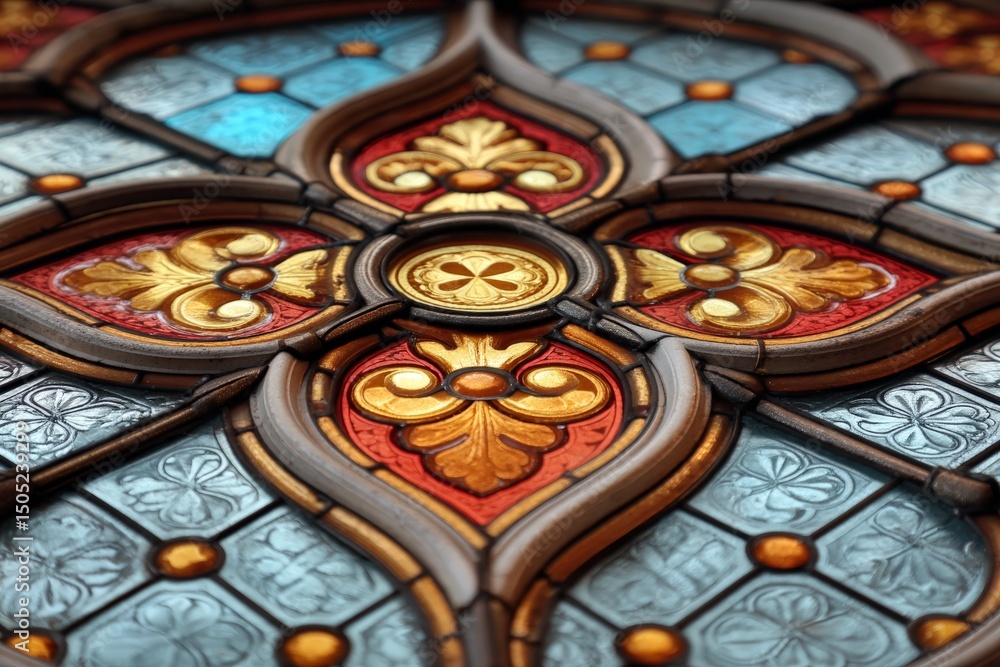 Poster intricate stained glass design featuring vivid colors and detailed patterns in a historic building