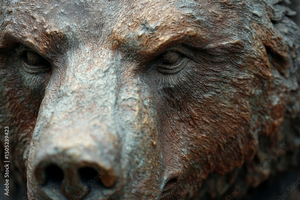 Poster close-up view of a detailed bear sculpture showcasing texture and lifelike features in an outdoor se