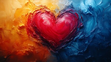 Abstract oil painting of a heart shaped design with warm and cool colors