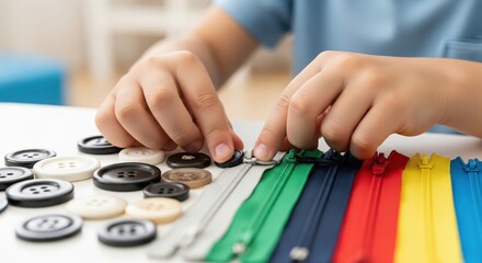 A child using buttons and zippers for sensory activity and fine motor skill development