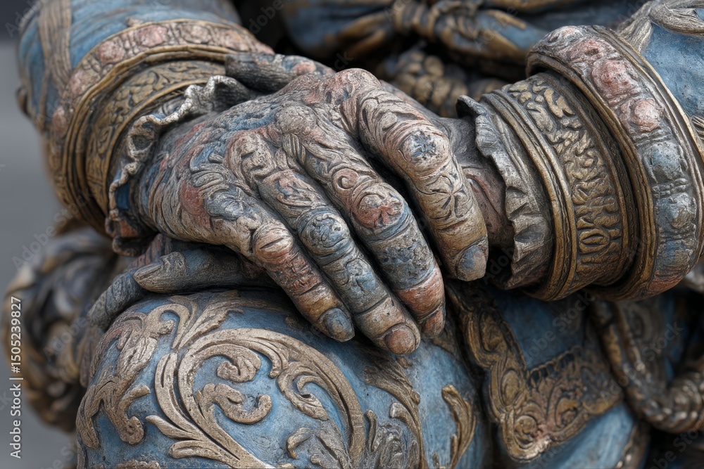 Poster intricate details of ornate hands on a historical statue located in a public square during a sunny a