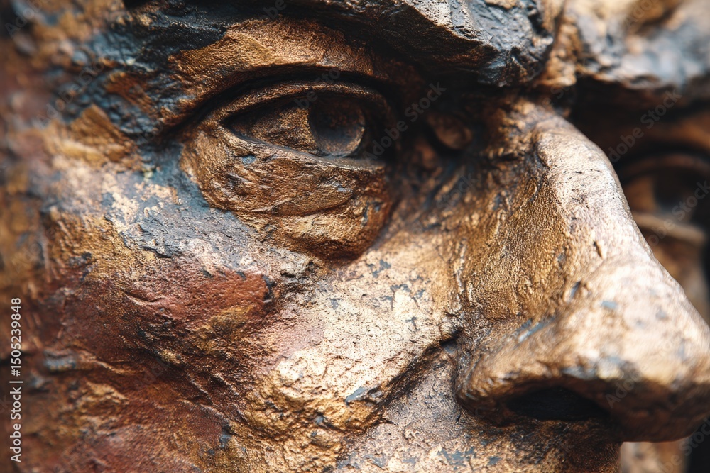 Poster close-up view of a detailed bronze sculpture highlighting the textures and features of the face in a