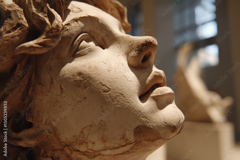 Poster sculptural detail of a human face expressing serenity and contemplation in a modern art gallery sett