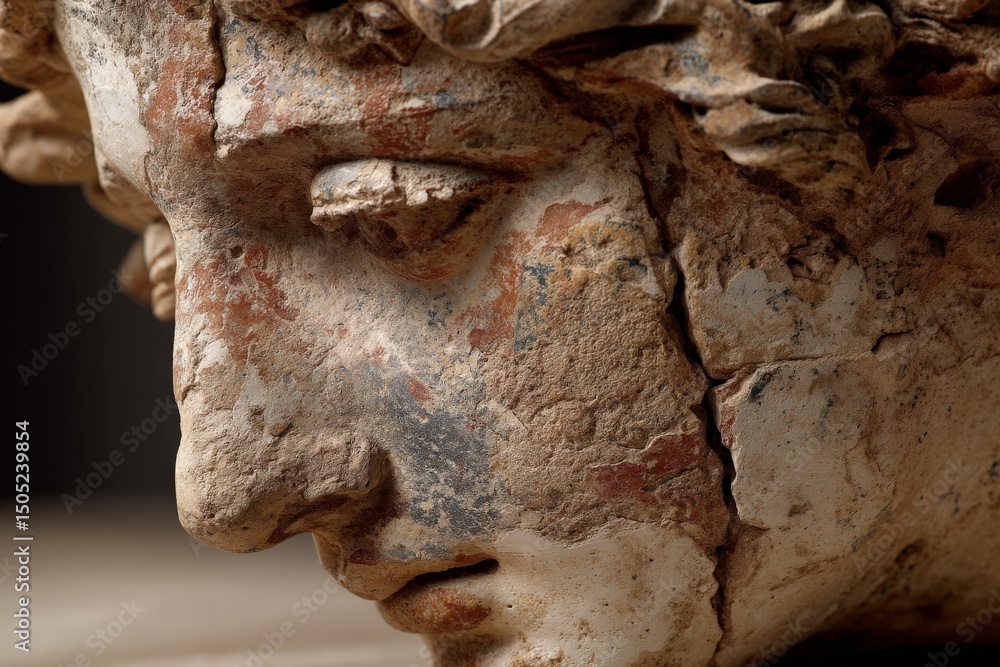 Poster Ancient sculpture fragment showcasing intricate details and weathered texture inside a historical museum setting