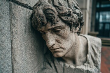 Fototapeta premium Depressed stone sculpture of a man leaning against a wall in an urban setting during daylight