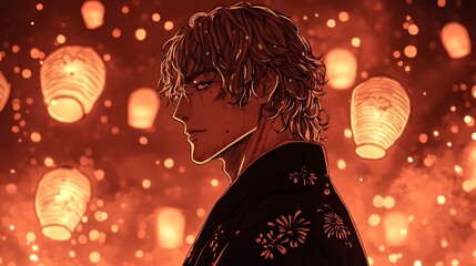 Pixelated Portrait of a Man Illuminated by Glowing Orange Lanterns at Night creating a warm atmosphere with a dark background