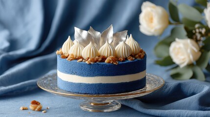 Elegant blue cake with decorative frosting, set against a soft backdrop.
