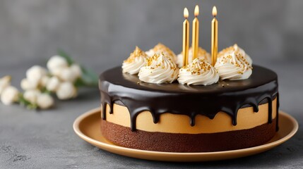 Delicious chocolate cake with decorative frosting and candles on a golden plate.
