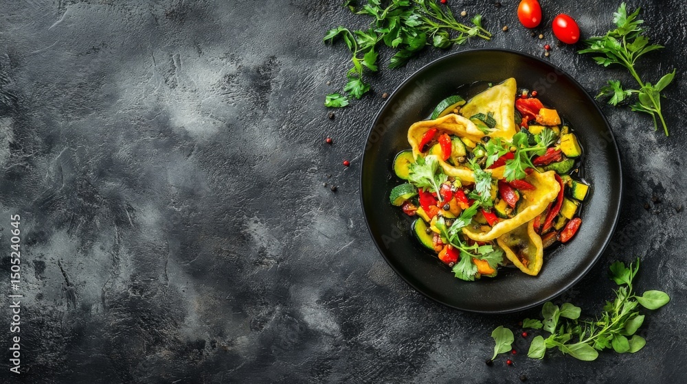 Poster a creative shot of poori served with a vibrant vegetable curry, garnished with fresh herbs and place