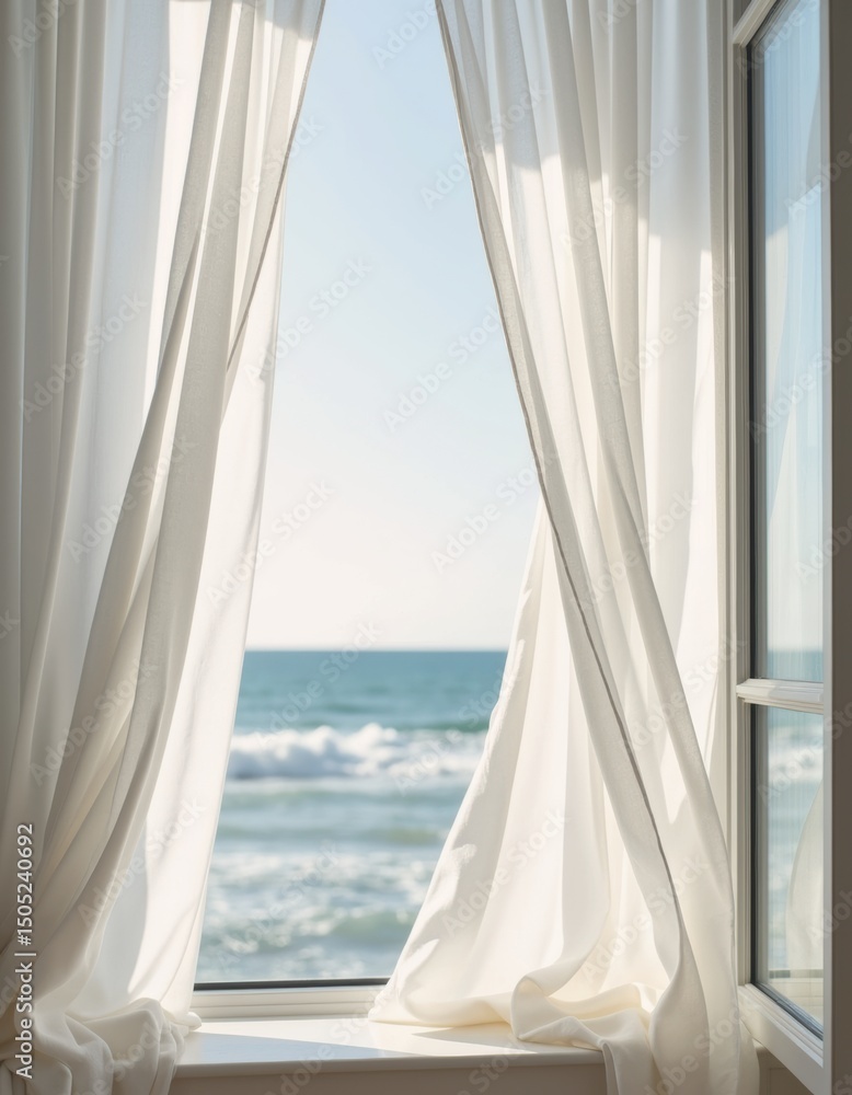 Poster white curtains blowing in an open window with a view of the ocean