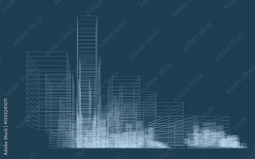 Poster 3d wireframe perspective of building. abstract wireframe city background for template design. vector