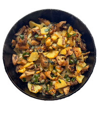 Potato and mushroom stew in a frying pan looks delicious for breakfast . This photo is not AI generated.