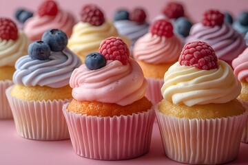 Colorful Cupcakes with Berries on Pink Background for Dessert Displays