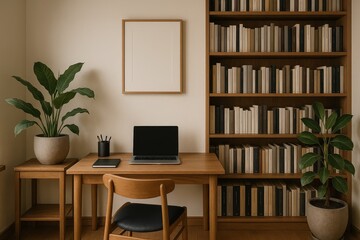 Minimalist Home Office with Wooden Desk, Bookshelf, and Indoor Plants