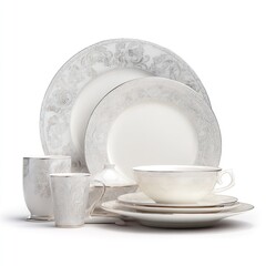 Elegant porcelain dinnerware set white with silver floral design for formal dining and special occasions